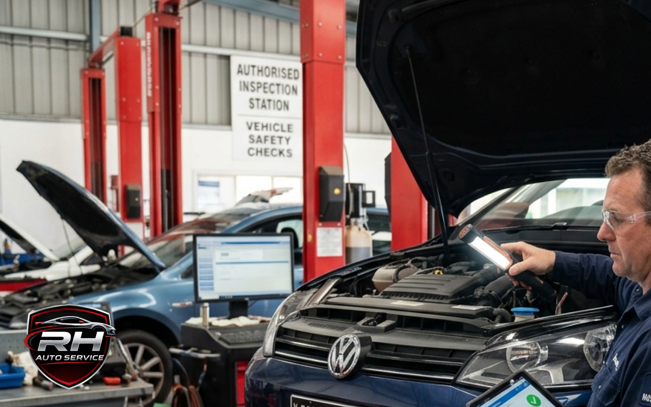 Mechanic repairing an engine with hand tools